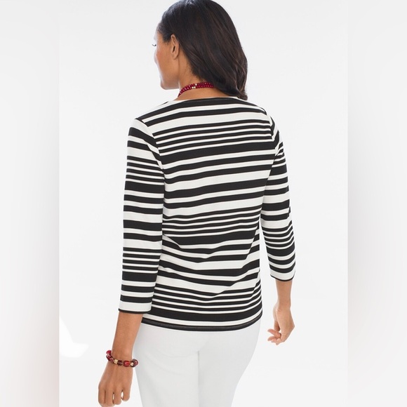Chico’s Size 0 Black White Chevron Stripe Top V-Neck 3/4 Sleeve Stretch Rib Knit - Picture 4 of 9